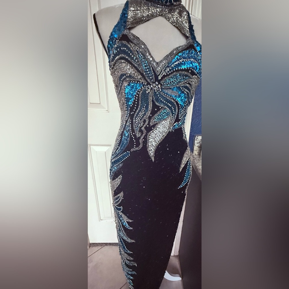 Sho Max Originals Black Teal and Silver Sequin Gown Great for prom